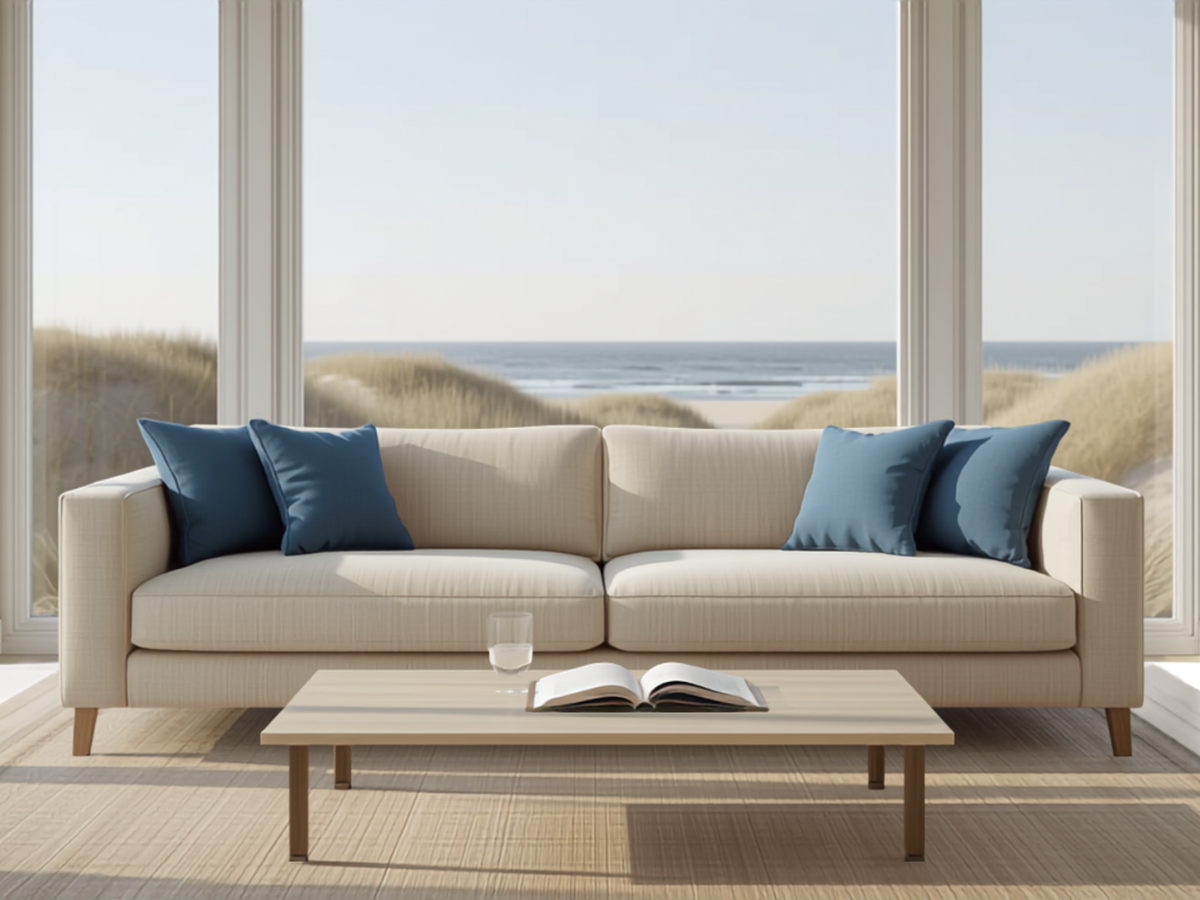 Heller Wohnbereich einer Ferienwohnung mit Blick auf die Ostsee
